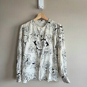 Vintage 100% Silk 90s Silk Dragon button down shirt blouse black floral design.